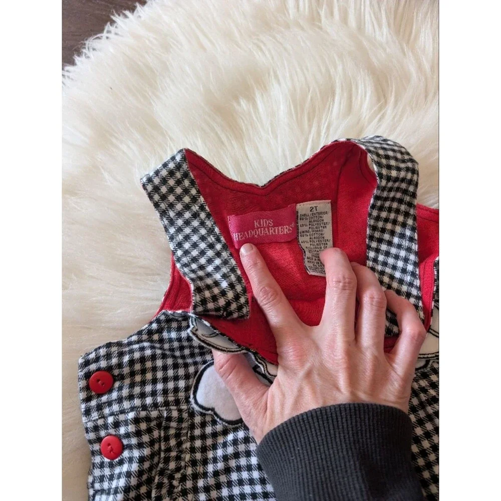 Vintage 90s 1990s Girls Jumper Overalls Cat Black White Check Plaid Ruffle 2T